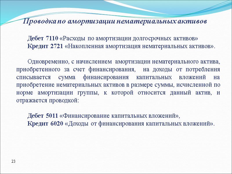 Проводка по амортизации нематериальных активов Дебет 7110 «Расходы по амортизации долгосрочных активов»  Кредит